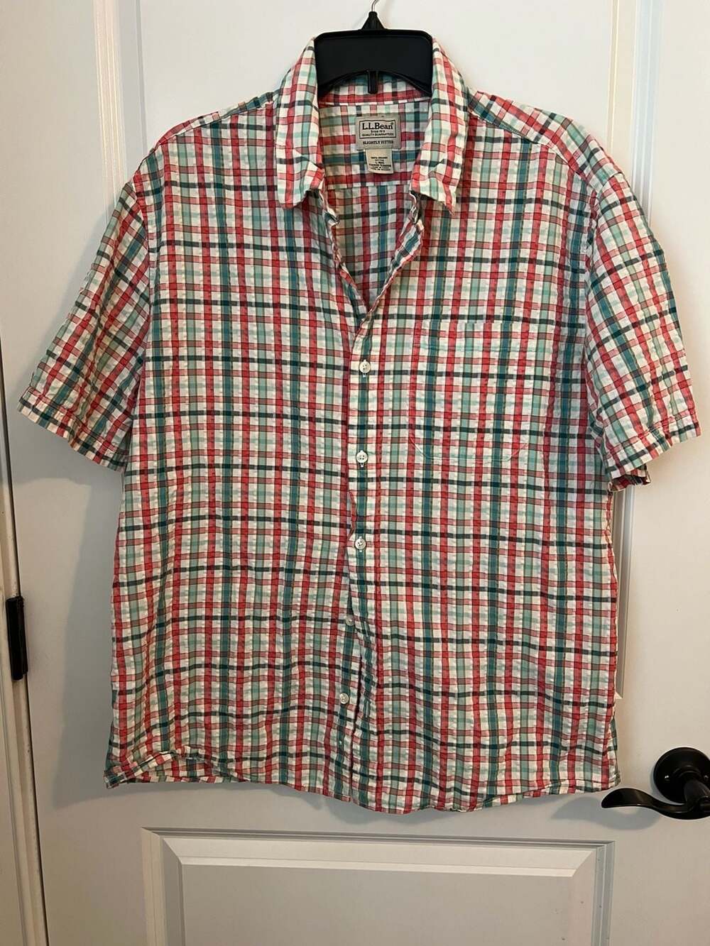 L.L.Bean Men's Slightly Fitted Organic Cotton Seersucker Plaid Shirt Size L-REG